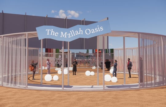 Mzllah - Mystic Mirage is an immersive Emirati-inspired coffee pop-up design by Studio Königshausen in Dubai, United Arab Emirates. Within a 9000 sqm space, desert landscapes are reimagined with vibrant colours, mirrors, and contemporary designs, offering an arty twist to traditional elements.